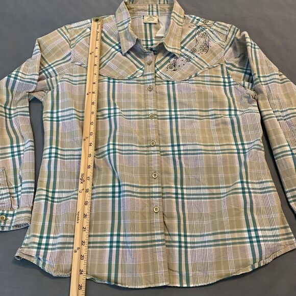 Cabelas Shirt Womens XL Beige Green Plaid Western Embroidered Floral Cotton - Picture 5 of 8